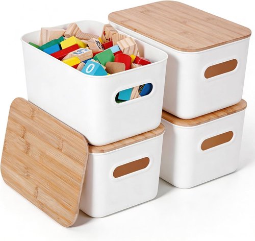 Citylife Storage Bins - Stackable 7QT Plastic Organizer Boxes with Bamboo Lids | 4 Pack, 10" L x 7" W x 5.8" H