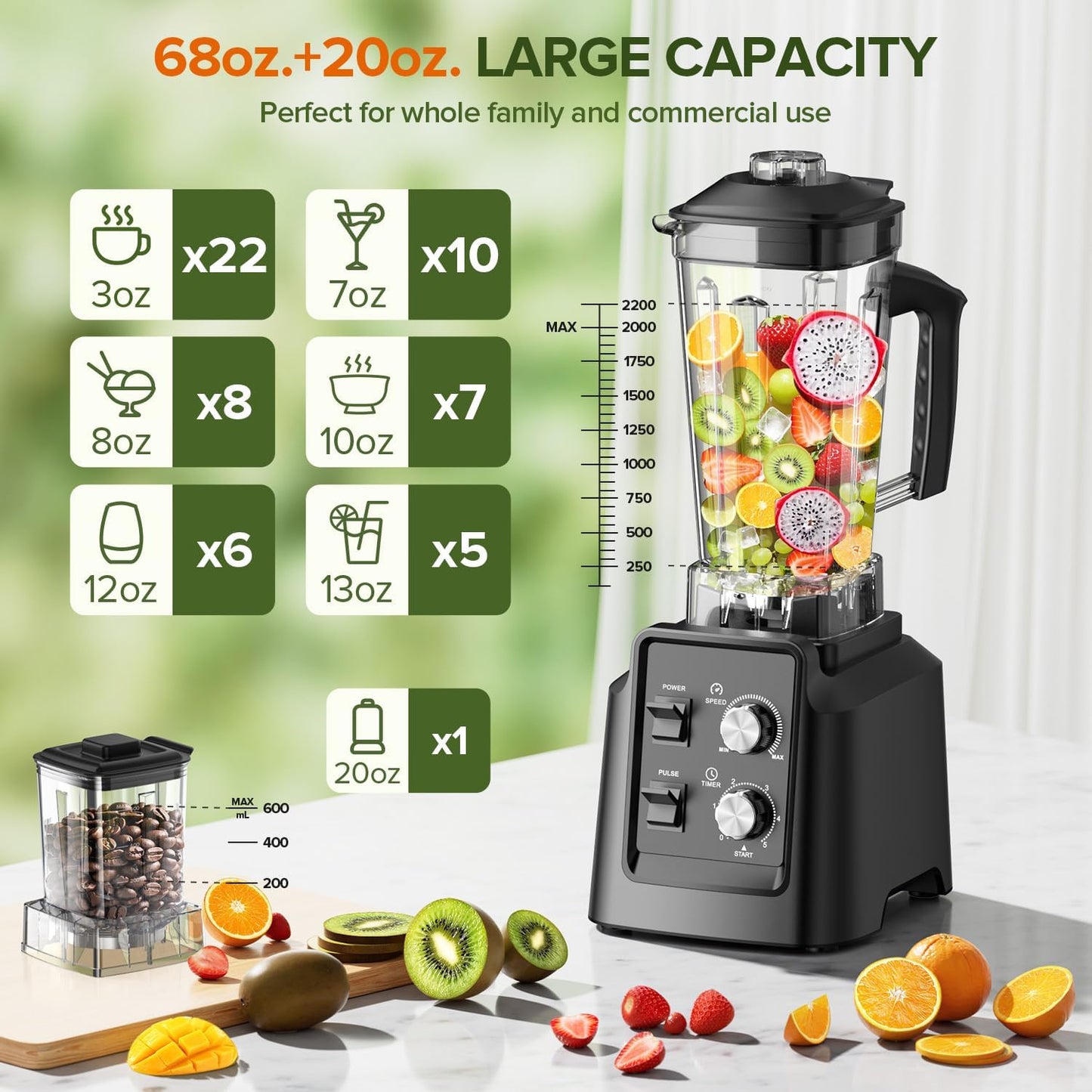Skiennix 68Oz Countertop Blender - 28000 RPM Smoothie Maker with 20Oz Grinder | Self-Cleaning, Adjustable Speed, Black