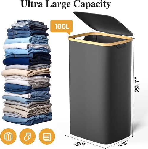 Foluck Large Laundry Hamper - 100L Waterproof Basket with Lid & Removable Bag | Collapsible Design, Black
