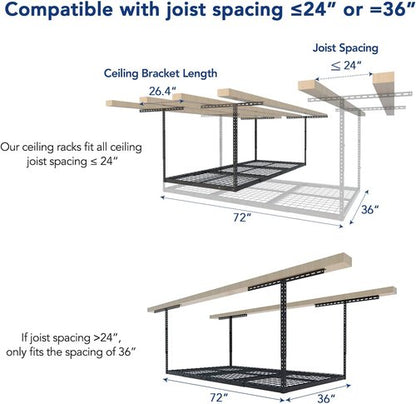 FLEXIMOUNTS Overhead Garage Storage Rack - Adjustable Ceiling Shelf, 450lbs Capacity | 72" x 36" x 40", Black