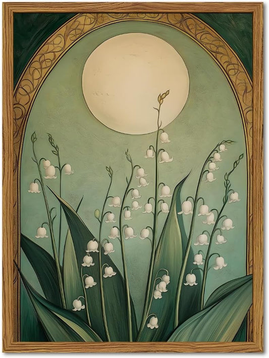 **Regine Switzerland Framed Vintage Lily of the Valley Wall Art - Moody Boho Floral Canvas Print 12x16in**