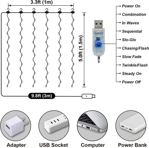 HXWEIYE Short Curtain Lights - 3.3x5Ft USB Plug Warm White Fairy Light with Timer & Clips for Indoor Décor