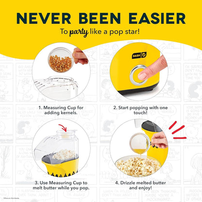 Peanuts DASH Fresh Pop Popcorn Maker - Oil-Free Air Popper with Measuring Cup & Recipe Guide - 16 Cups for Movie Nights