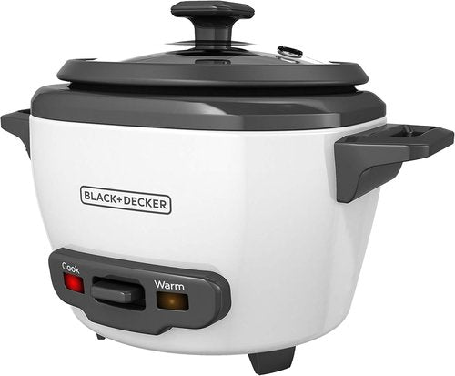 BLACK+DECKER 3-Cup Rice Cooker - One-Touch Operation, Removable Non-Stick Bowl, Steaming Basket | White