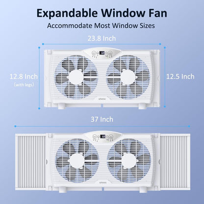 shinic Twin Window Fan, 9-Inch Blades Reversible Airflow, Thermostat Control, 3 Speeds, 23.8"-37" Expandable Width, Window Exchaust Fans for Home Bedroom, ETL Certified