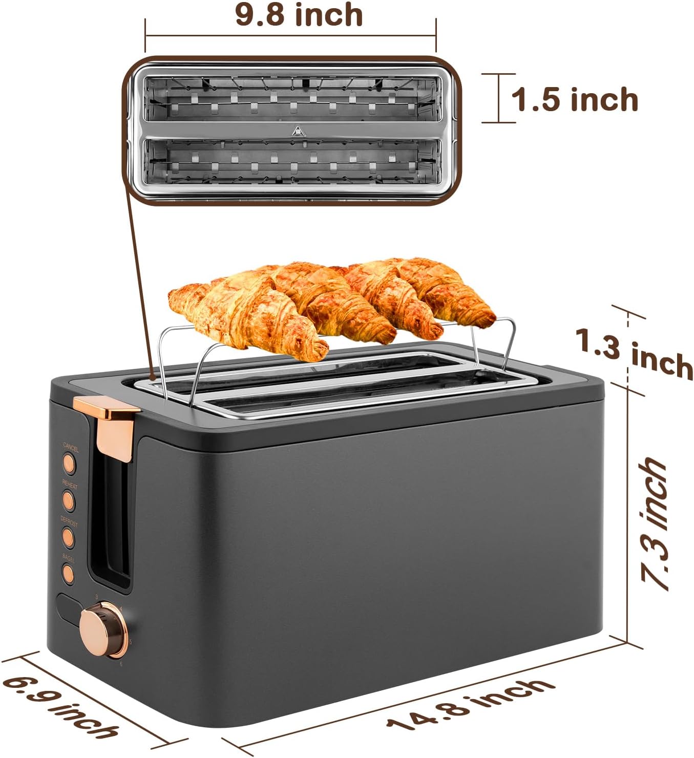 Mecity 4-Slice Long Slot Toaster - Extra Wide Slots, Warming Rack & 6 Browning Settings | Stainless Steel, Grey