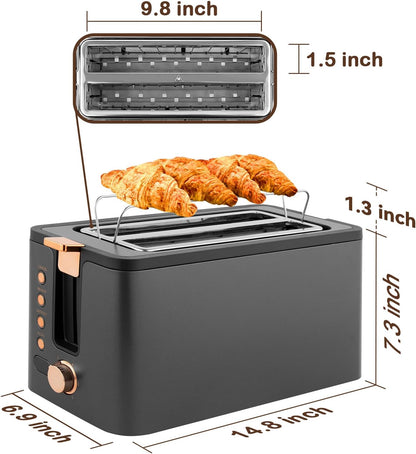 Mecity 4-Slice Long Slot Toaster - Extra Wide Slots, Warming Rack & 6 Browning Settings | Stainless Steel, Grey