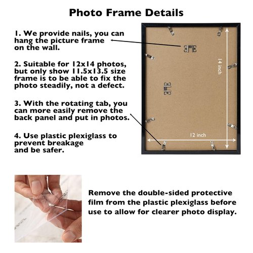 JCJMY 12x14 Picture Frame Black for Wall Hanging, Wall Mounting Horizontally or Vertically, 12 x 14 Wall Gallery Poster Photo Frames with Shatter Resistant Plexiglass, Black