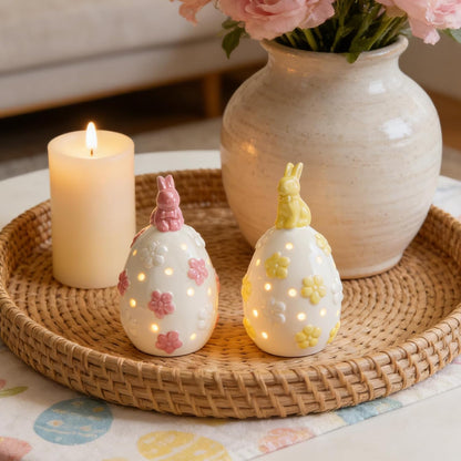 WDS WONDROUS Light Up Easter Decorations - LED Bunny & Egg Figurines Set | White Ceramic Spring Decor (2PCS)