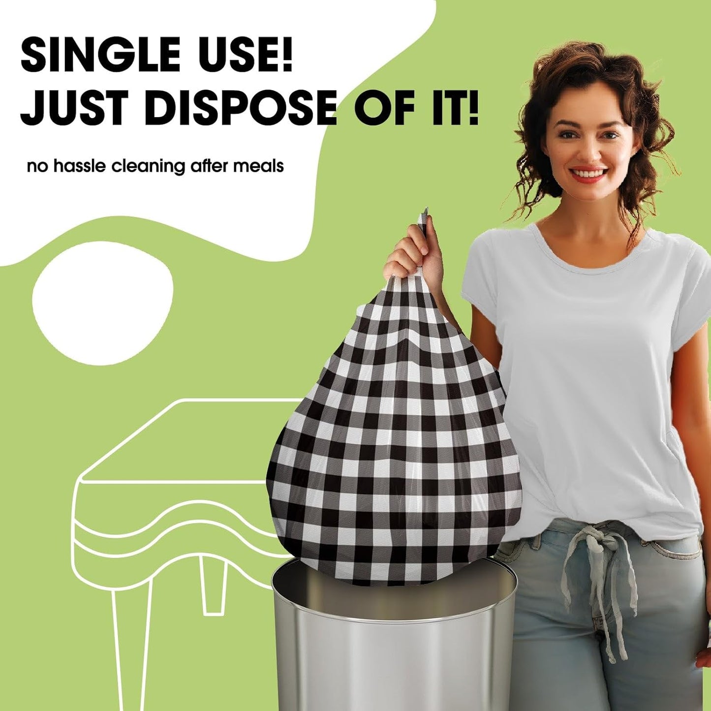 Pureegg Disposable Plastic Table Cloths - 84'' Round Gingham Design, Sturdy & Leakproof, 10 Pack, Black & White Checkered