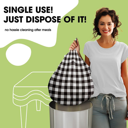 Pureegg Disposable Plastic Table Cloths - 84'' Round Gingham Design, Sturdy & Leakproof, 10 Pack, Black & White Checkered