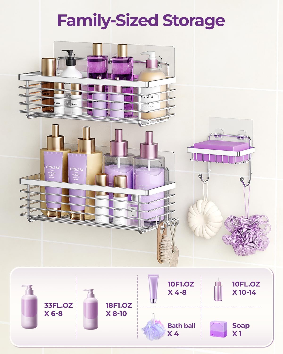 ODesign Shower Caddy - 3 Pack Stainless Steel Wall-Mounted Shelves | No Drilling, Rustproof, Silver
