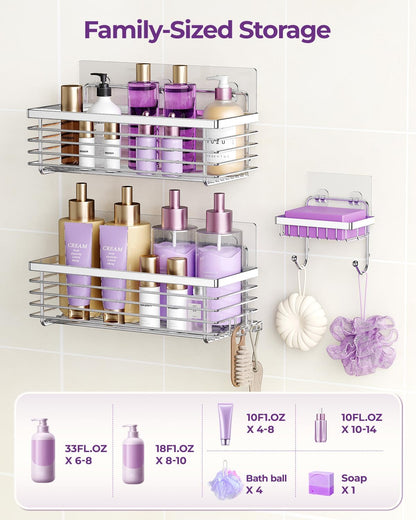 ODesign Shower Caddy - 3 Pack Stainless Steel Wall-Mounted Shelves | No Drilling, Rustproof, Silver