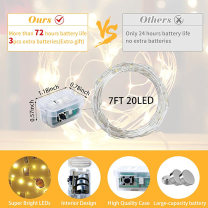 Skiennix 12 Pack Fairy Lights - 7Ft 20 LED Twinkle String Lights | Battery Operated & Waterproof for Weddings, Parties & Home Decor - Warm White
