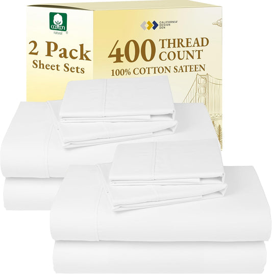 California Design Den Full Size Bed Sheets - 400 Thread Count 100% Cotton Sateen - Soft, Breathable, Deep Pocket - Antique White (2-Pack)