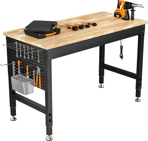CAMMOO Adjustable Heavy Duty Workbench - 2000 LBS Capacity Rubber Wood Table with Pegboard & Power Outlets | Ideal for Garage, Workshop, Home