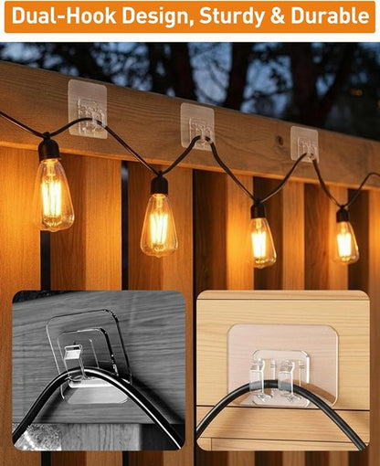 AGPTEK Heavy Duty Hooks for Outdoor String Lights - 100Pcs Clear Adhesive Cable Clips for Christmas Decor
