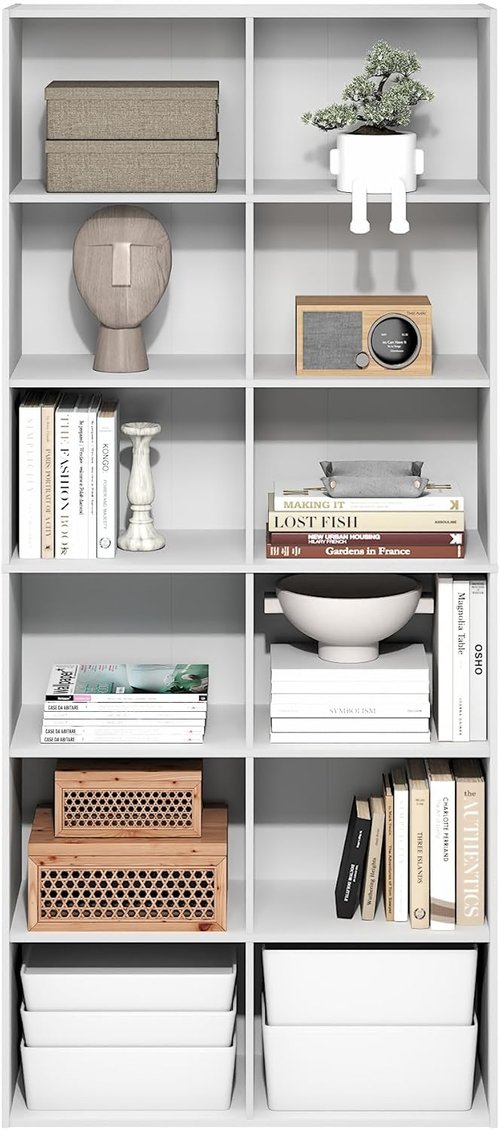 Furinno 12-Cube Bookshelf - Stylish Open Shelf Storage Organizer | 12 x 32 x 71 Inches, White