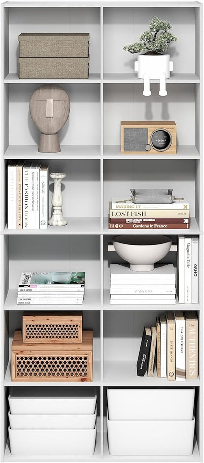 Furinno 12-Cube Bookshelf - Stylish Open Shelf Storage Organizer | 12 x 32 x 71 Inches, White