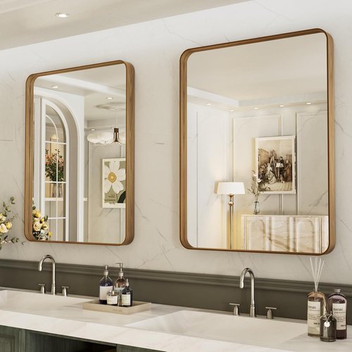 LOAAO Bathroom Mirror - 20x30 Inch Rounded Rectangle with Wood Grain Metal Frame | Anti-Rust, Versatile Hanging Options