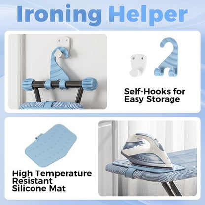 KINGBOARD Ironing Board, Compact Iron Board with Silicon Iron Mat, Heat Resistant Cover, 7 Height Adjustable, Foldable Ironing Board Wall Mount Hanger, 13x43 Blue