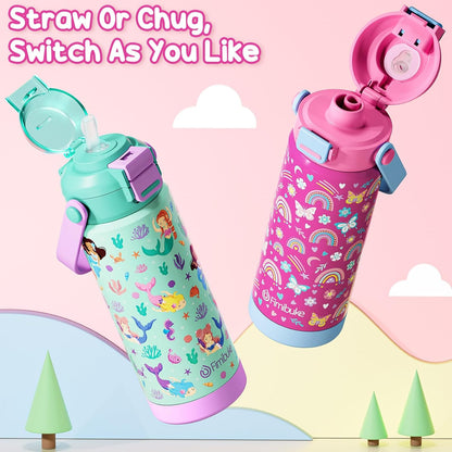Skiennix Kids Insulated Water Bottle - 18oz Leak-Proof Stainless Steel Tumbler with 2-in-1 Lid | Rainbow & Mermaid Design