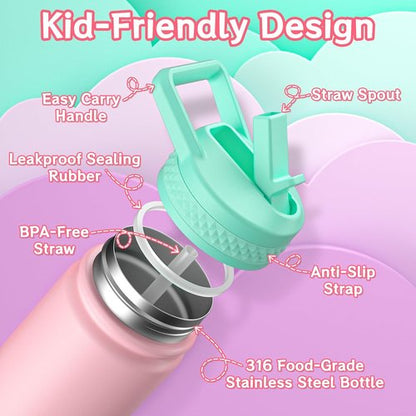 Baab 18oz Insulated Kids Water Bottle - Leakproof Stainless Steel with Straw & Stickers | Pink