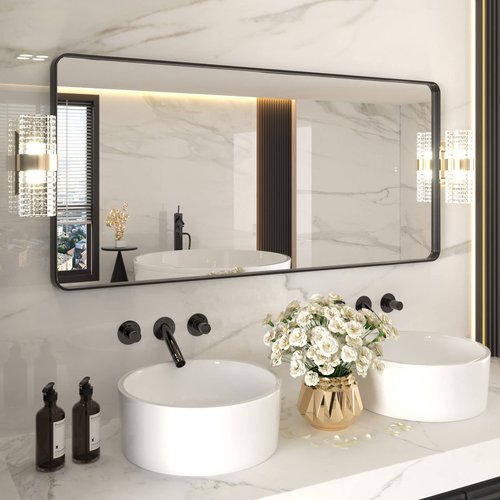 LOAAO 60X28 Inch Black Metal Framed Bathroom Mirror for Wall, Matte Black Bathroom Vanity Mirror Farmhouse, Large Rounded Rectangle Mirror, Anti-Rust, Tempered Glass, Hangs Horizontally or Vertically