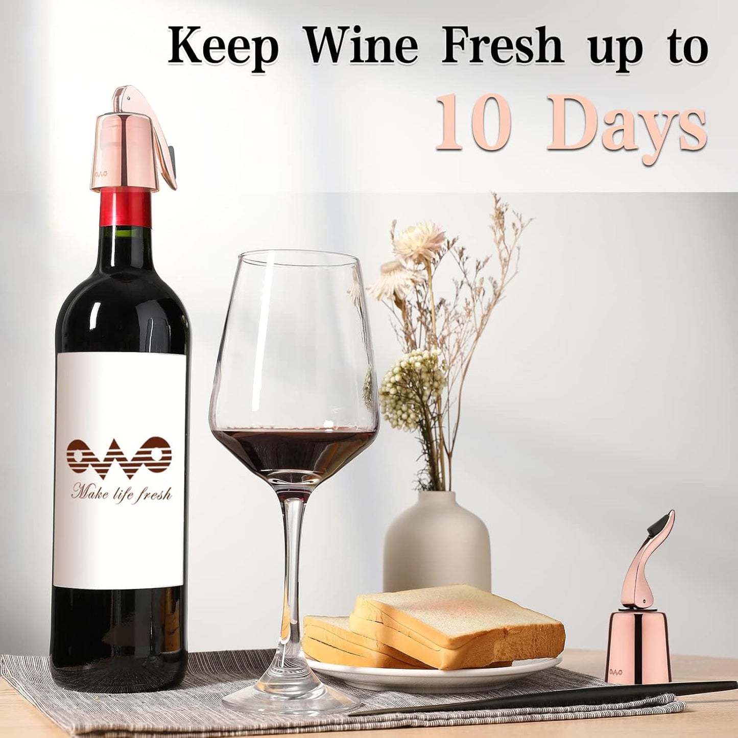 OWO Stainless Steel Wine Bottle Stopper, Reusable Wine Saver with Silicone Seal, Decorative Bottle Sealer, Keeps Fresh (Rosegold, 1 Pack)
