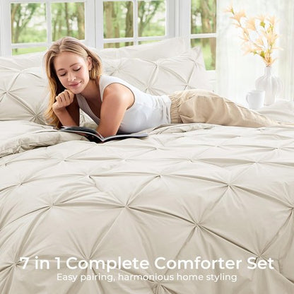 Sasttie Queen Comforter Set, 7-Piece Bed in a Bag, Pintuck Bedding Sets for All Season, Includes Comforter, Flat Sheet, Fitted Sheet, Pillowcases and Pillowshams, Beige