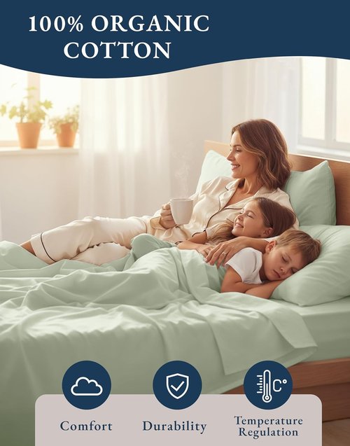 LANE LINEN 100% Organic Cotton Queen Sheet Set - Soft & Breathable Percale Weave, Deep Pocket - Mineral Color