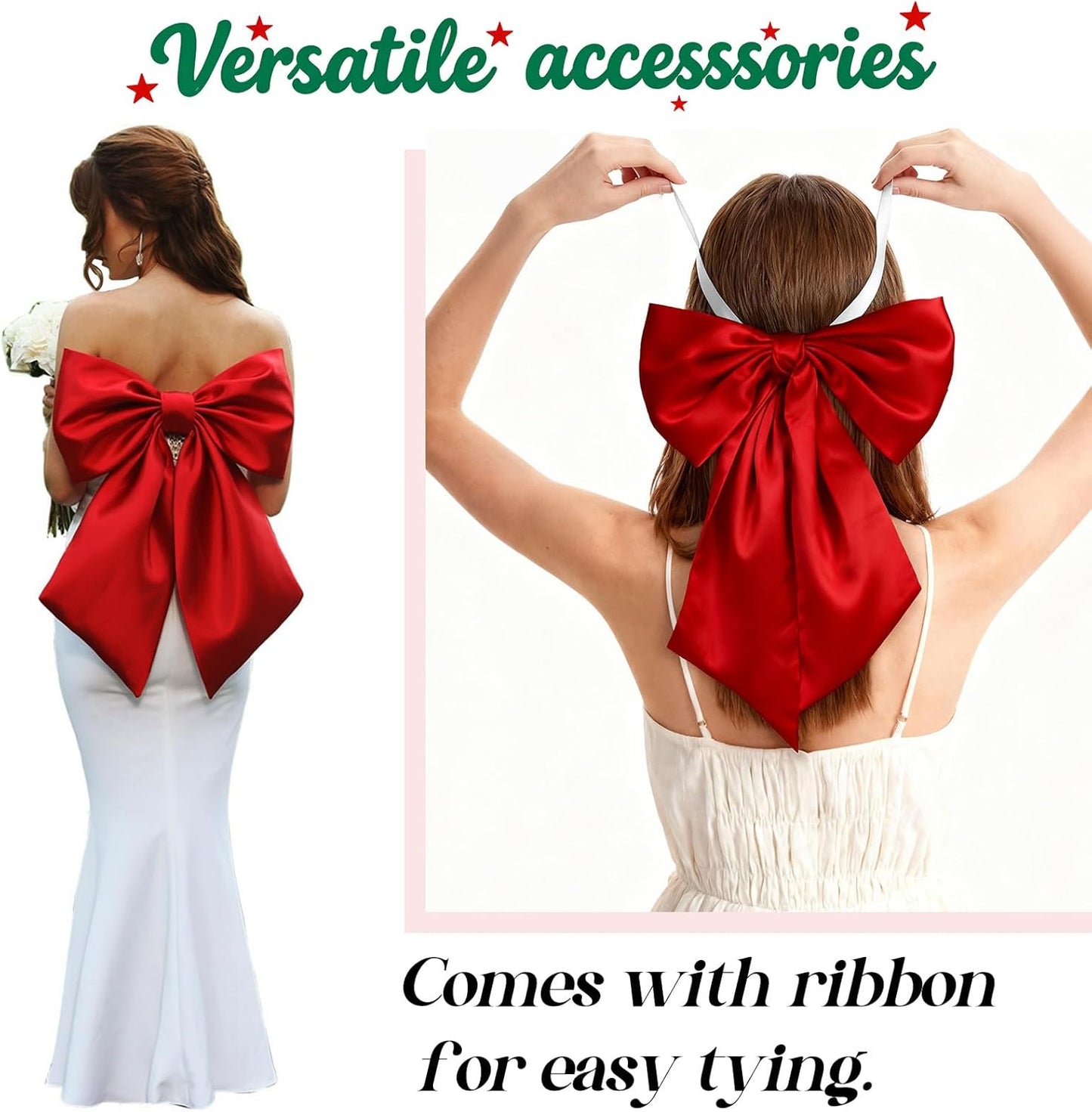 Regine Switzerland Christmas Bows - Large Red & Green Satin Decor for Wreaths & Trees | 23 x 11 Inch (2 Pack)
