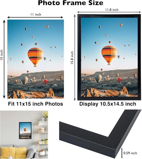 JCJMY Picture Frame - 11x15 Inch for Horizontal & Vertical Display | Shatter-Resistant Plexiglass, Black