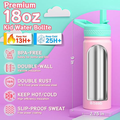 Baab 18oz Insulated Kids Water Bottle - Leakproof Stainless Steel with Straw & Stickers | Pink