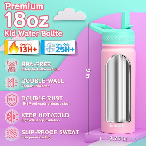 Baab Insulated Kids Water Bottle - 18oz Stainless Steel Straw Cup with Stickers | Pink & Purple, 2 Pack
