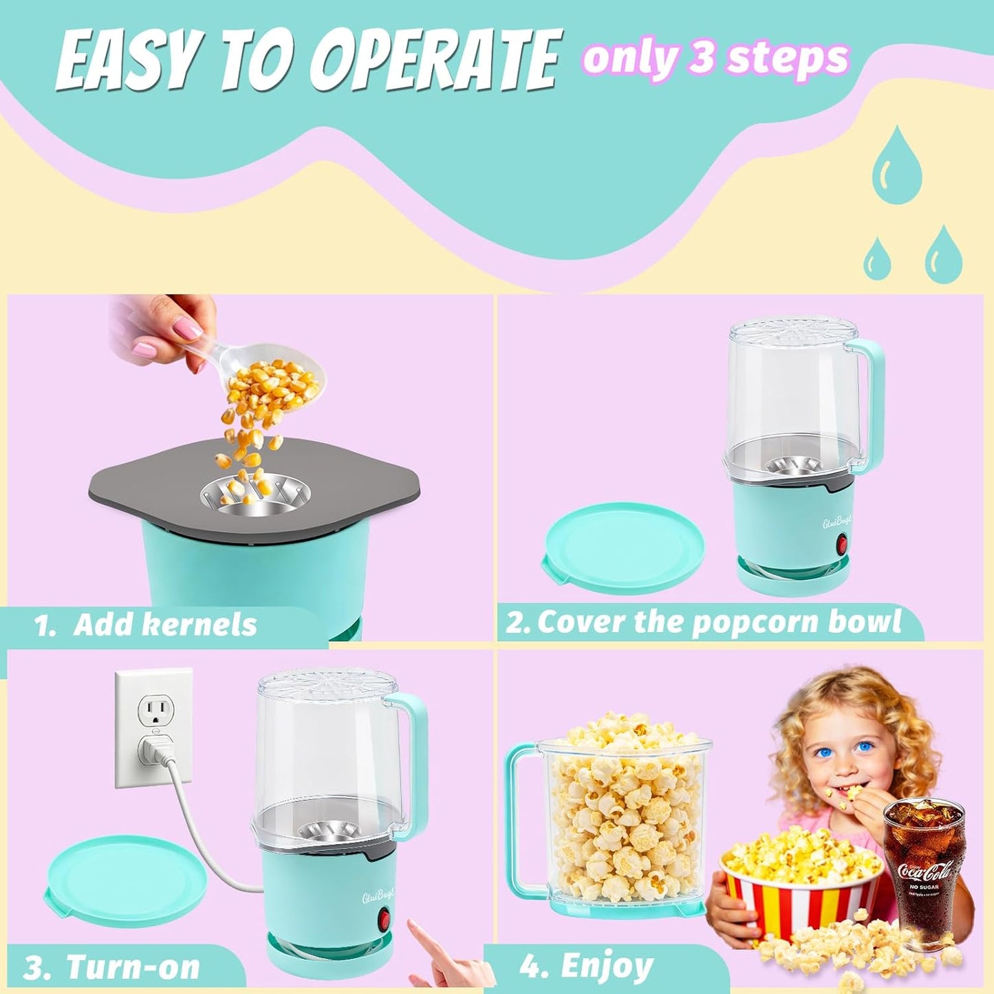 Skiennix Popcorn Maker - Hot Air Popcorn Popper with Built-In Serving Bowl | 8 Cups Capacity, Blue