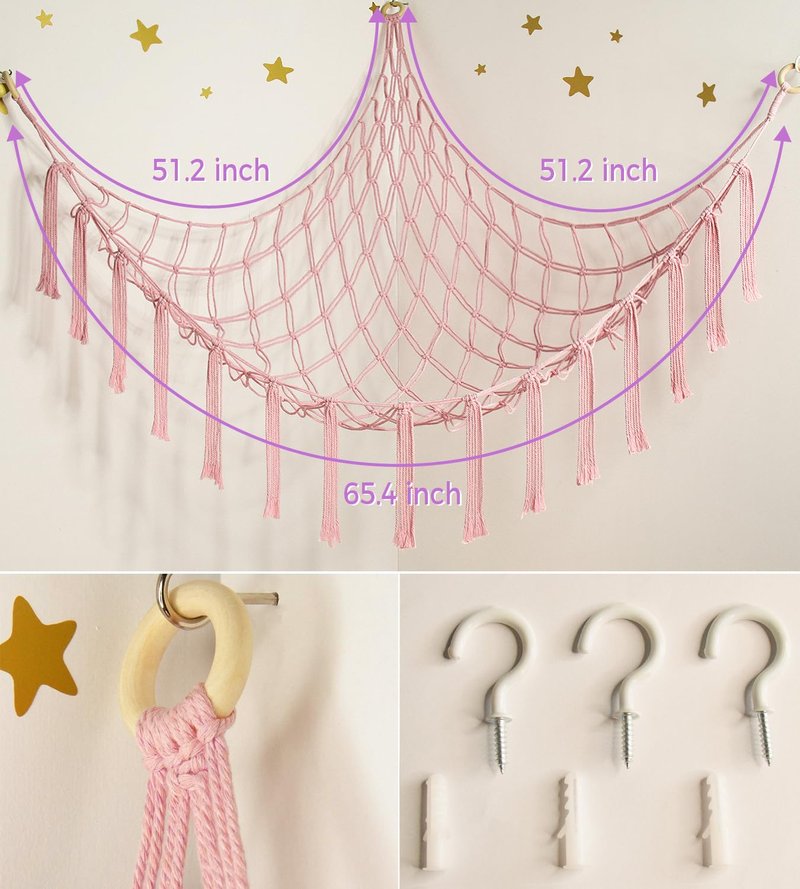 mirolam Stuffed Animal Storage Hammock Net - Toy Hammock Net for Stuffed Animals Corner - Hanging Stuff Animal Organizer Holder Large Pink Baby Nursery Room Decor