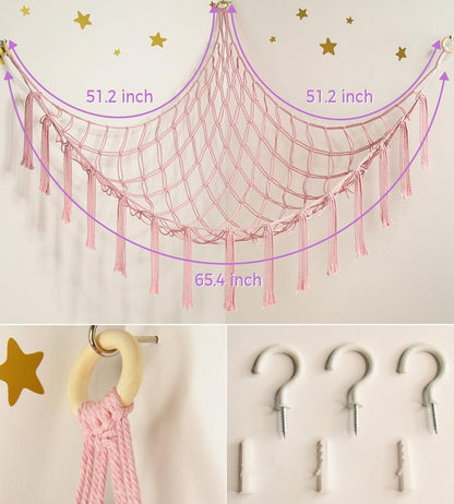 mirolam Stuffed Animal Storage Hammock Net - Toy Hammock Net for Stuffed Animals Corner - Hanging Stuff Animal Organizer Holder Large Pink Baby Nursery Room Decor