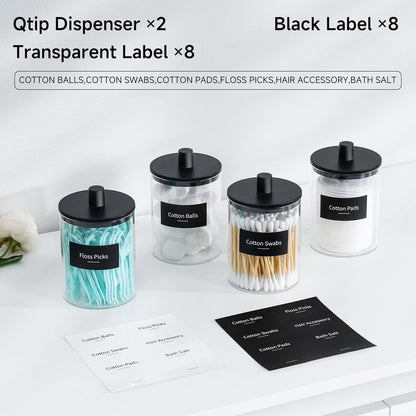 TIPGO Glass Qtip Holder Dispenser - 10 oz Clear Canister for Cotton Swabs & Makeup Storage | 2 Pack, Black
