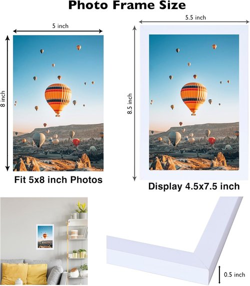 JCJMY 5x8 Picture Frame - White Wall Mount & Tabletop Display | Shatter-Resistant Plexiglass