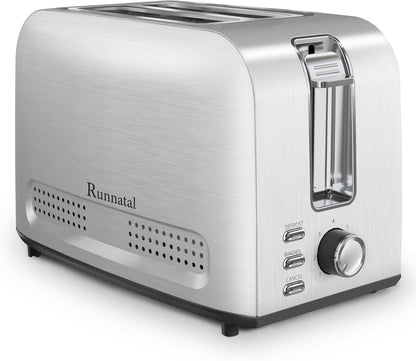 Runnatal 2-Slice Stainless Steel Toaster - Multifunctional with 7 Settings, Defrost & Bagel Functions | Easy to Clean, 120V 800W Silver