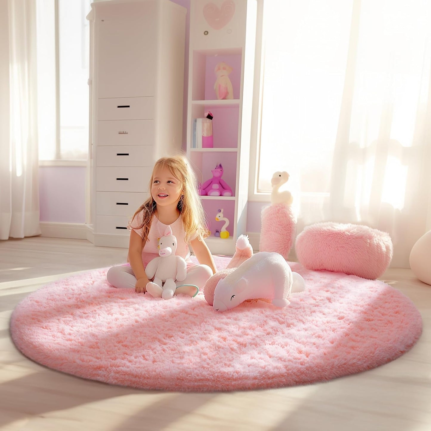 Ophanie Soft Fluffy Shaggy Rug - Aesthetic Pale Pink Decor for Bedroom & Living Room | 4' Round