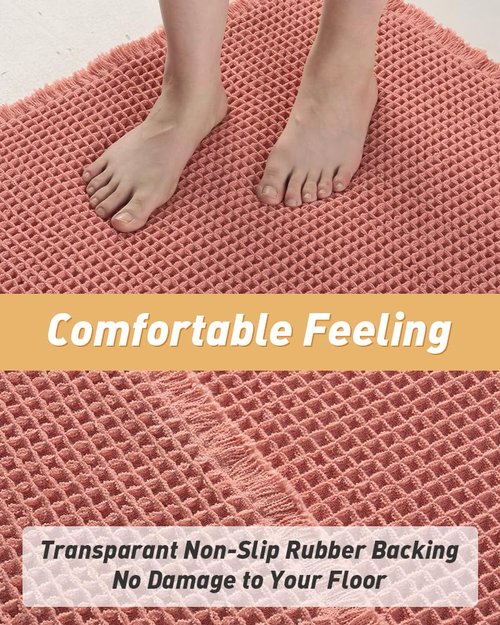 AMOAMI Upgraded Waffle Bath Mat, Super Absorbent Non Slip Bath Mats for Bathroom Floor, Machine Washable Bathroom Rugs with Tassels, Rubber Backed Bathroom Mats, Ultra Soft, 18" x 30", Coral