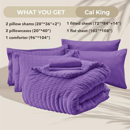 HYMOKEGE California King Comforter Set - Bright Purple Seersucker 7-Piece Luxury Bedding Set