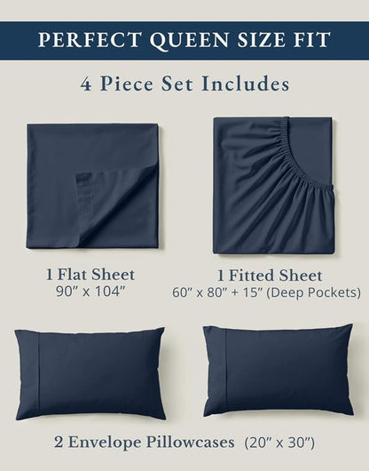 LANE LINEN Organic Cotton Bed Sheets - Eco-Friendly, Soft Percale Weave, Queen Size Set - Navy