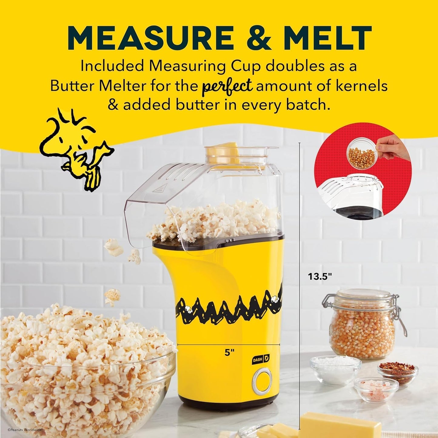 Peanuts DASH Fresh Pop Popcorn Maker - Oil-Free Air Popcorn Popper with Measuring Cup & Recipe Guide - 16 Cups for Movie Nights