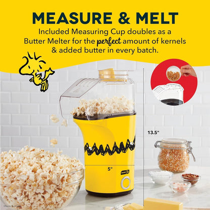 Peanuts DASH Fresh Pop Popcorn Maker - Oil-Free Air Popcorn Popper with Measuring Cup & Recipe Guide - 16 Cups for Movie Nights