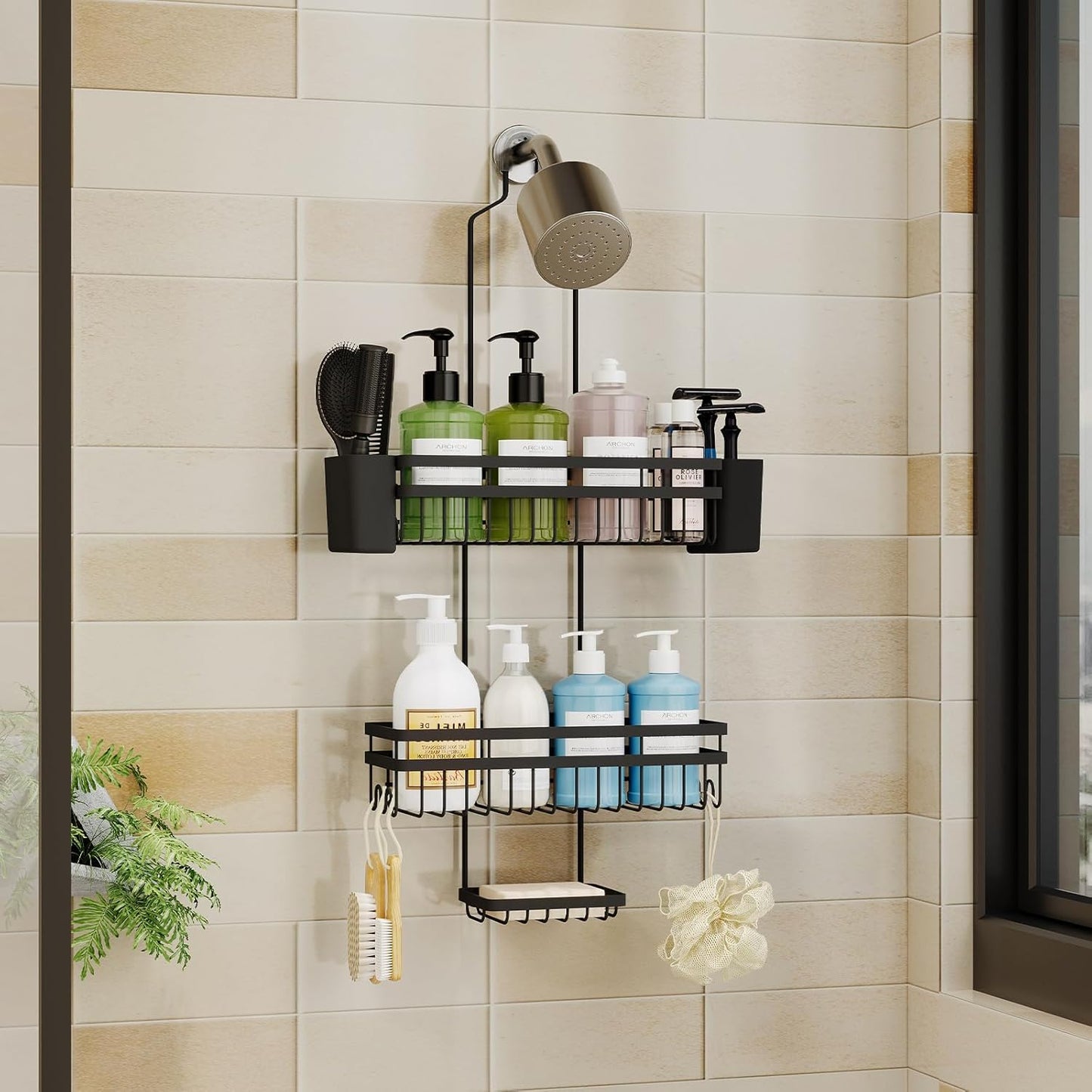 Shower Caddy - 3 Tier Adjustable Bathroom Organizer with Heavy-Duty Suction Cups | Rustproof Black