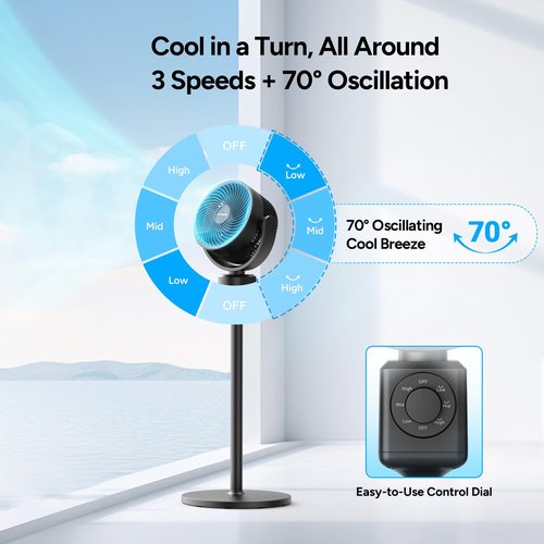 DR.PREPARE Compact Pedestal Fan for Bedroom, Small-Medium Air Circulator Standing Fan, 16-34" Adjustable Height, 70°Auto-Oscillation, 90° Up+10° Down Tilt, 3 Speeds for Small-Medium Office, Home