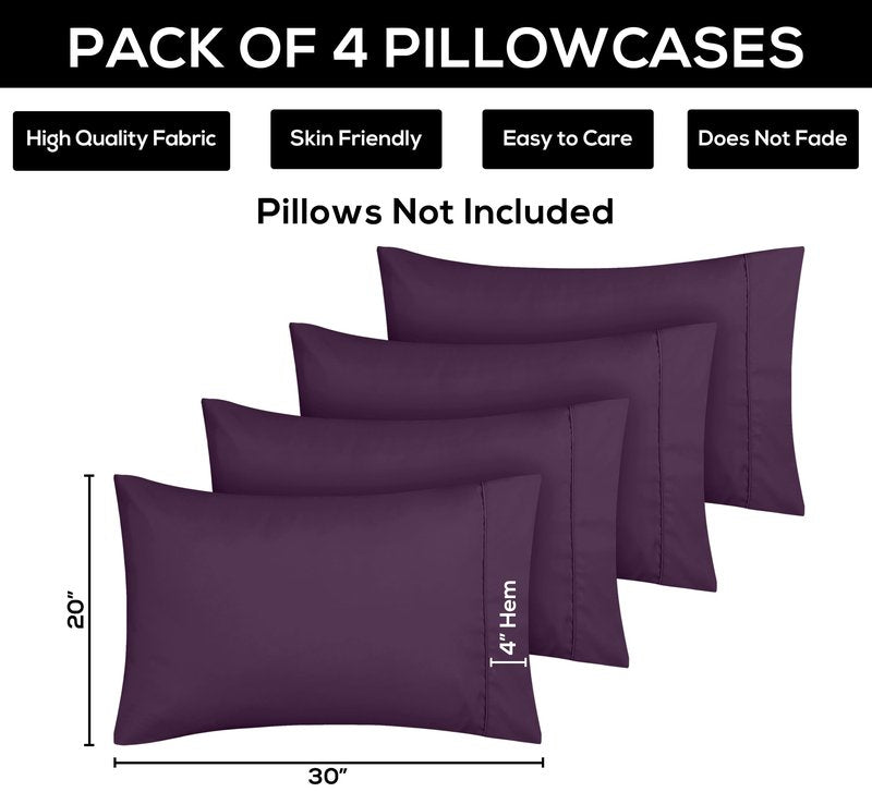 Utopia Bedding King Pillow Cases - 4 Pack - Envelope Closure - Soft Brushed Microfiber Fabric - Shrinkage and Fade Resistant Pillow Covers King Size 20 X 40 Inches (King, Purple)